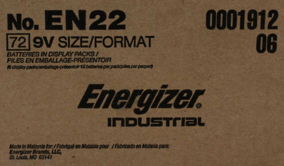 Buy a 72 pack of 9V EN22 Energizer Industrial Batteries Online from Battery Products 72pk Energizer Industrial 9V EN22 Batteries